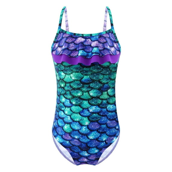 TiaoBug Kids Girls Fish Scales Ruffles Bathing Suit Mermaide Swimwear One Piece Athletic Swimsuit