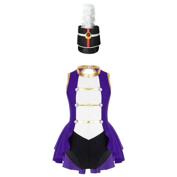 TiaoBug Kids Girls Flag Raiser Honour Guard Uniform 2Pcs Set Sleeveless Cutout Back Leotard with Feather Hat Halloween Costume Purple 12