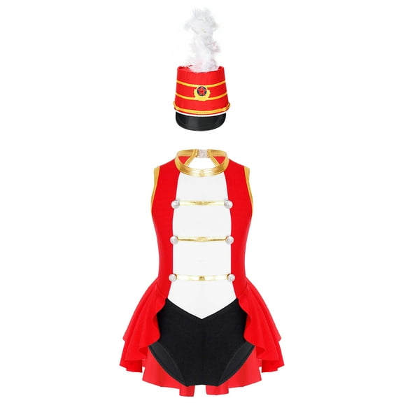 TiaoBug Kids Girls Flag Raiser Honour Guard Uniform 2Pcs Set Sleeveless Cutout Back Leotard with Feather Hat Halloween Costume Red 6