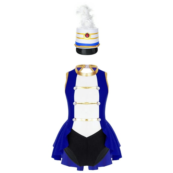 TiaoBug Kids Girls Flag Raiser Honour Guard Uniform 2Pcs Set Sleeveless Cutout Back Leotard with Feather Hat Halloween Costume Royal Blue 14