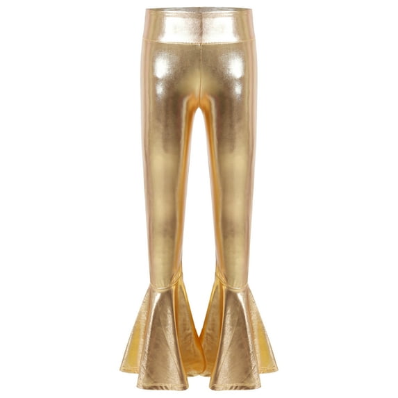 TiaoBug Kids Girls Flared Trouser Hip Hop Jazz Dance Metallic Bell-Bottoms Ruffle Legging Pants A Gold 10