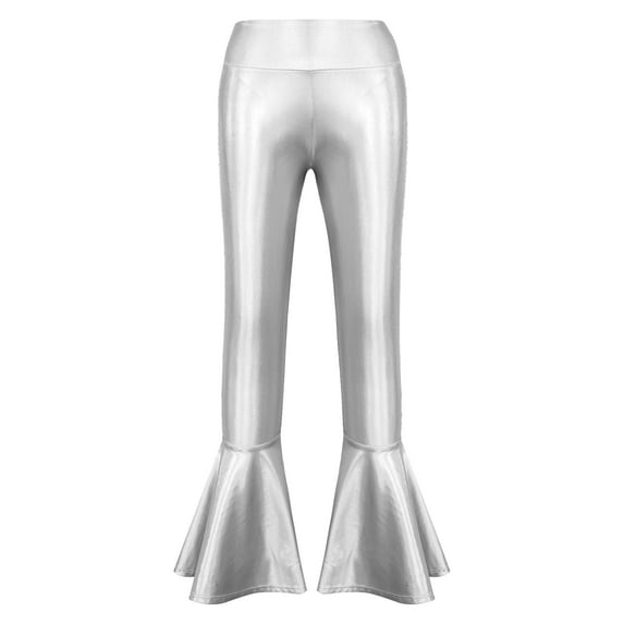 TiaoBug Kids Girls Flared Trouser Hip Hop Jazz Dance Metallic Bell-Bottoms Ruffle Legging Pants Silver 10