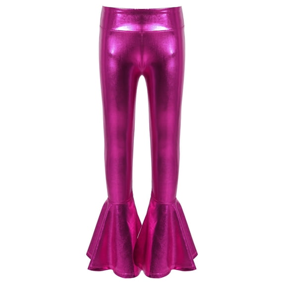 TiaoBug Kids Girls Flared Trouser Hip Hop Jazz Dance Metallic Bell-Bottoms Ruffle Legging Pants Hot Pink 6