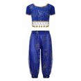 thumbnail image 1 of TiaoBug Kids Girls Floral Print Indian Belly Dance Outfits Shiny Crop Top with Bloomers Carnival Set Blue 2Pcs/Set 3-5, 1 of 7