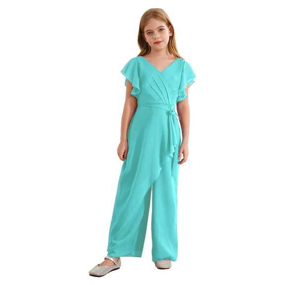 TiaoBug Kids Girls Formal Costume V Neck Bodysuit Rompers Jumpsuit Short Sleeve Wide Leg Pants Turquoise 12