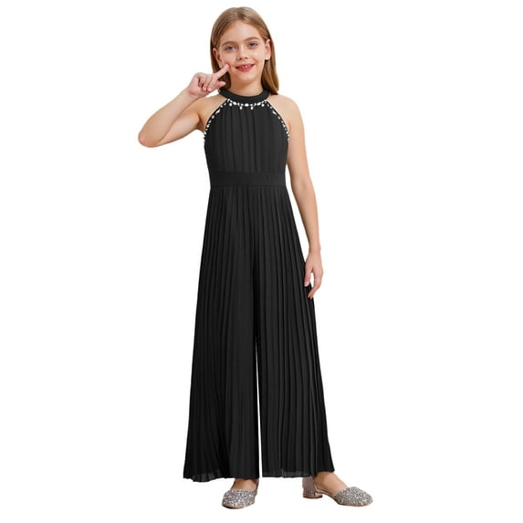 TiaoBug Kids Girls Formal Dress Jumpsuit Pleated Chiffon Long Pants Romper Elegant Prom Party Pageant Gown Black 10