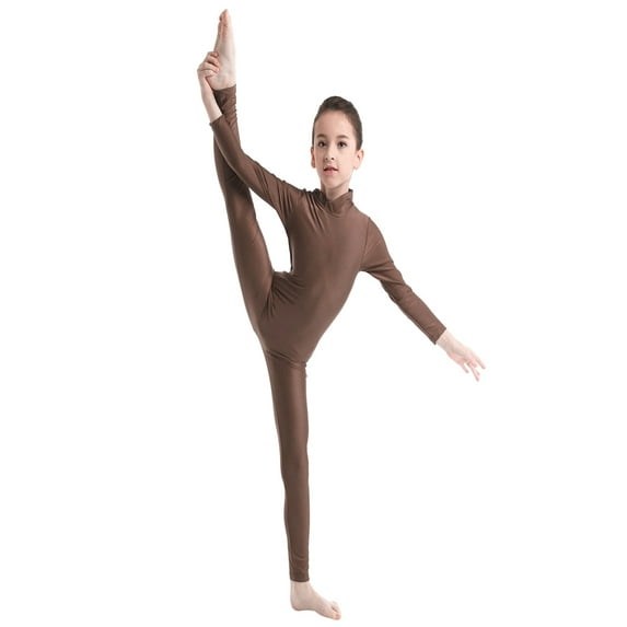 TiaoBug Kids Girls Full Length Bodysuit Unitards Solid Gymnastics Leotard 3-16 A Brown 7-8