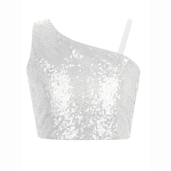 TiaoBug Kids Girls Glitter Crop Tops Sequin Sparkly Vest Figure Skating Evening Prom Cropped Tank Top Dancewear White 10