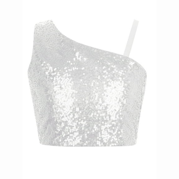 TiaoBug Kids Girls Glitter Crop Tops Sequin Sparkly Vest Figure Skating Evening Prom Cropped Tank Top Dancewear White 12