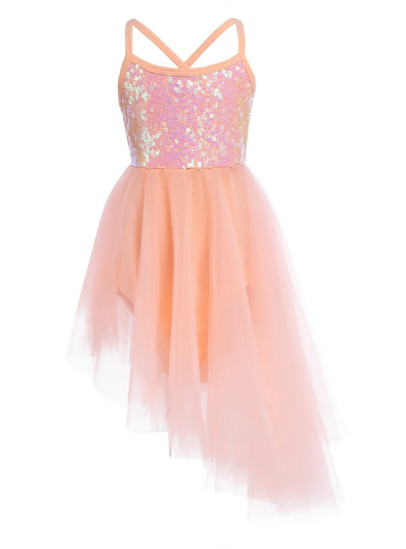 TiaoBug Kids Girls Glitter Sequins Ballet Dance Asymmetric Tutu Dress Leotard Ballerina Costume Dancewear Orange 4-5