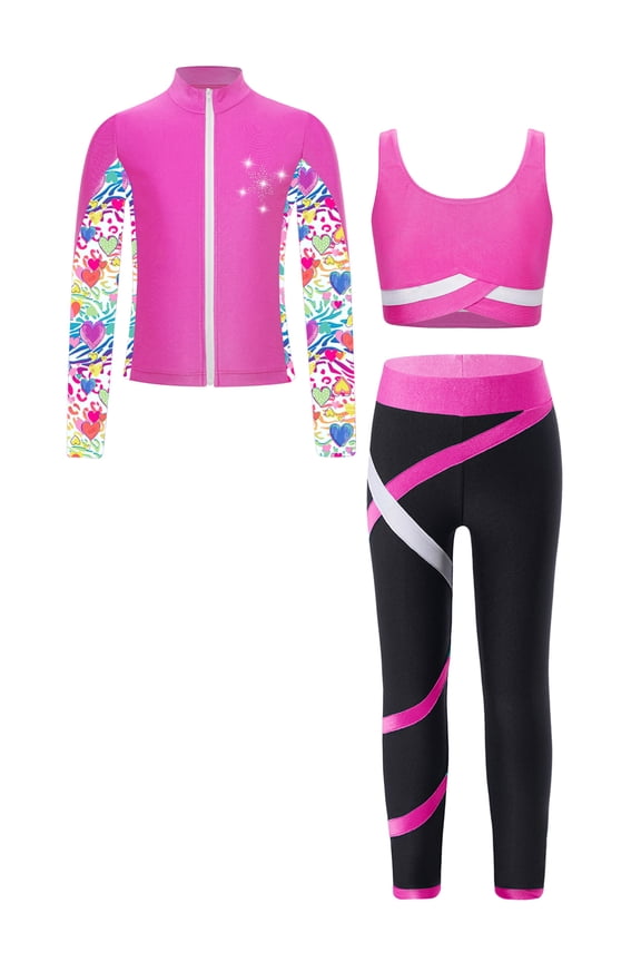 Kids Girls Gym Training Set Sleeveless Crop Tops And Yoga Pants Sports Jacket Activewear Hot Pink 10