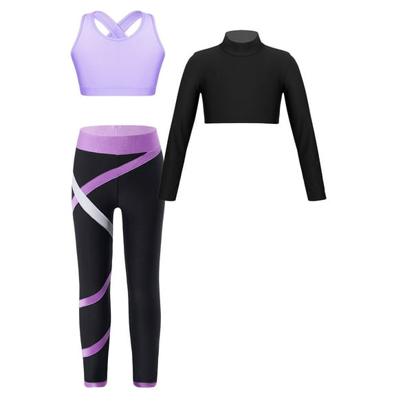 TiaoBug Kids Girls Gymnastic Athletic Sport Dance Outfit Long Sleeve Mock Neck Crop Top with Legging Set Lavender 14
