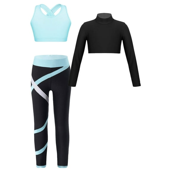 TiaoBug Kids Girls Gymnastic Athletic Sport Dance Outfit Long Sleeve Mock Neck Crop Top with Legging Set Light Blue 6