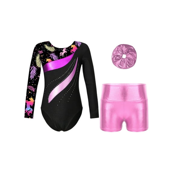 TiaoBug Kids Girls Gymnastic Dance Outfits Long Sleeve Leotard Workout Bodysuit with Shorts Tumbling Tracksuit Pink 14