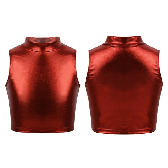TiaoBug Kids Girls Gymnastic Dance Tank Tops Jazz Hip-Hop Shiny Metallic Vest 8-16 Red 8