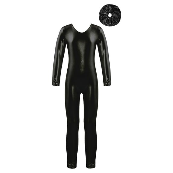TiaoBug Kids Girls Gymnastic Outfits Metallic Long Sleeve Bodysuit Footless Jumpsuit with Headwear Ice Skating Costume Black 8