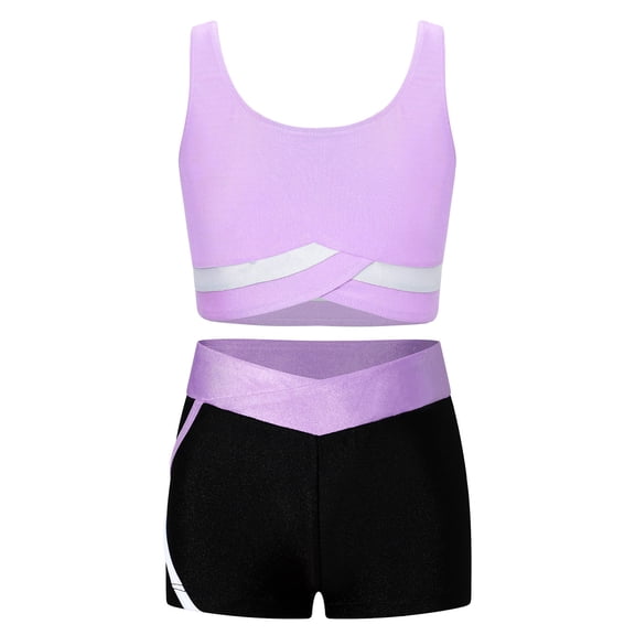 TiaoBug Kids Girls Gymnastics Athletic Tracksuit 2 Piece Outfits Dance Sport Tank Tops and Shorts Set Light Purple 10