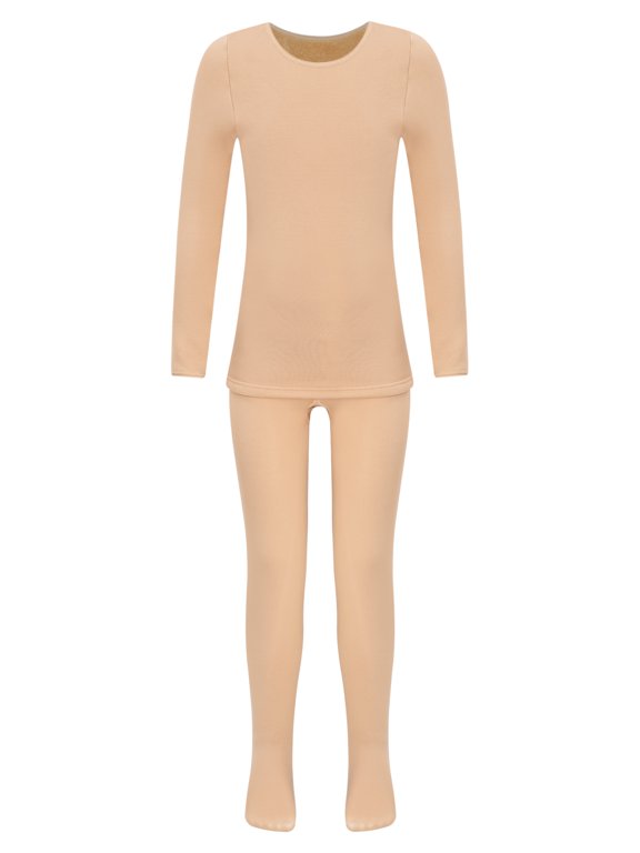 Kids Girls Gymnastics Bottoming Suit Long Sleeve Fleece-Lined Dance Tops with Leggings Set A Nude 3-6