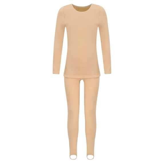 TiaoBug Kids Girls Gymnastics Bottoming Suit Long Sleeve Fleece-Lined Dance Tops with Leggings Set B Nude 12-24 Months