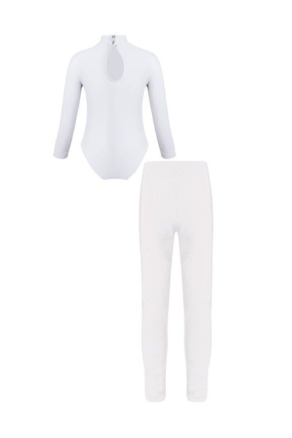 Kids Girls Gymnastics Dance Outfit Long Sleeve Leotard And Sparkly Rhinestones Tights Set B White 15-16