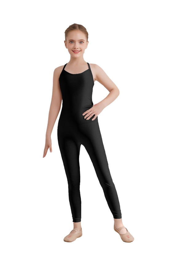 Kids Girls Gymnastics Full Jumpsuit Sleeveless Cross Back Dance Unitard for Yoga Workout Tank Leotard Black 16