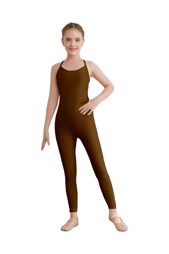 Kids Girls Gymnastics Full Jumpsuit Sleeveless Cross Back Dance Unitard for Yoga Workout Tank Leotard Brown 16