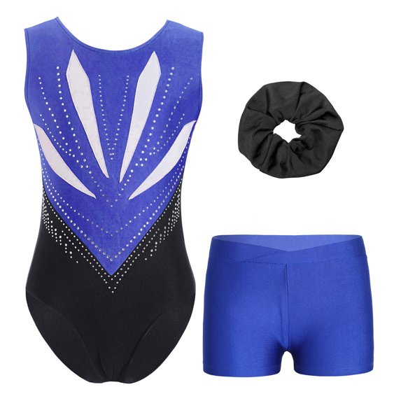 TiaoBug Kids Girls Gymnastics Leotards Sleeveless Bodysuit Tumbling Shorts Hair Tie Dance Unitards Blue 12