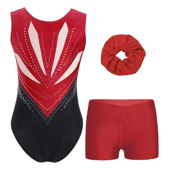 TiaoBug Kids Girls Gymnastics Leotards Sleeveless Bodysuit Tumbling Shorts Hair Tie Dance Unitards Burgundy 14