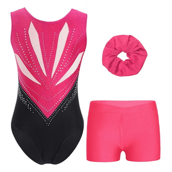 TiaoBug Kids Girls Gymnastics Leotards Sleeveless Bodysuit Tumbling Shorts Hair Tie Dance Unitards Hot Pink 16
