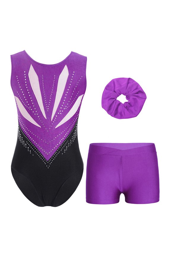 Kids Girls Gymnastics Leotards Sleeveless Bodysuit Tumbling Shorts Hair Tie Dance Unitards Purple 16