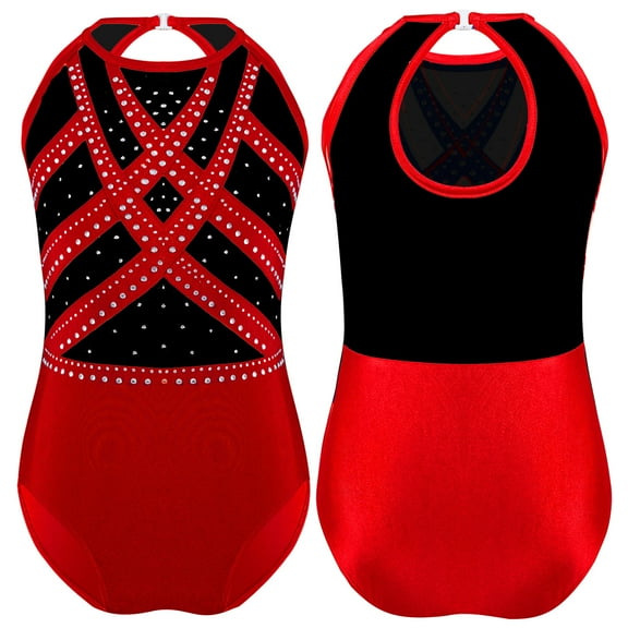 TiaoBug Kids Girls Gymnastics Leotards Sleeveless Shiny Ballet Dance Performance Biketard Tumbling Jumpsuit Red 6