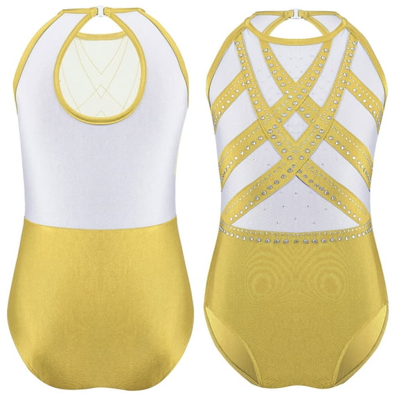 TiaoBug Kids Girls Gymnastics Leotards Sleeveless Shiny Ballet Dance Performance Biketard Tumbling Jumpsuit Yellow 16