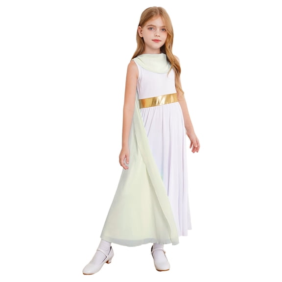 TiaoBug Kids Girls Halloween Ancient Greek Toga Costume Sleeveless Princess Dress with Split Cape Champagne 16