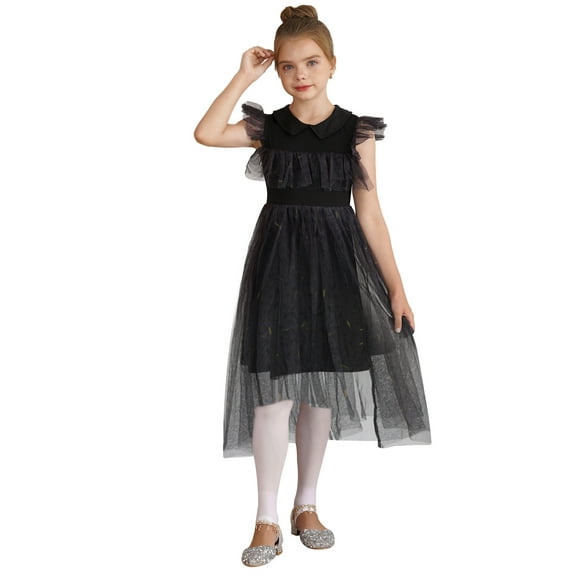 TiaoBug Kids Girls Halloween Party Cosplay Costume Lapel Collar Sleeveless Tulle Dress Black 5-6