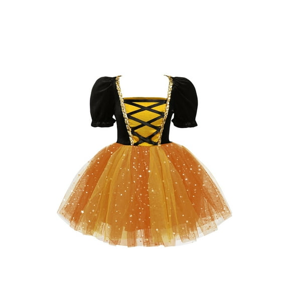 TiaoBug Kids Girls Halloween Witch Cosplay Costume Glittery Bubble Sleeve Mesh Tutu Princess Dress Orange 8