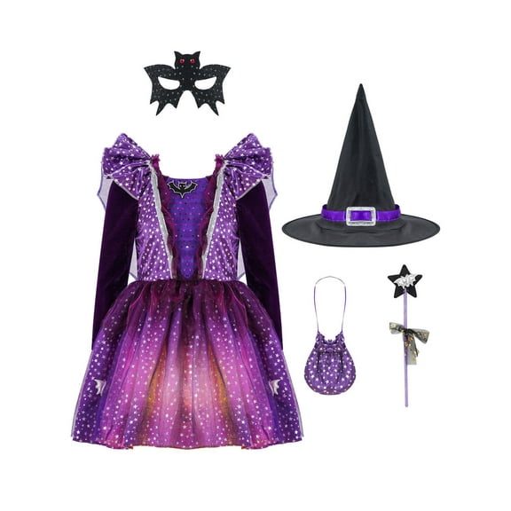 TiaoBug Kids Girls Halloween Witch Costume Glitter Long Sleeve Dress with Hat Magic Wand And Bag Cosplay Outfits Purple with Lights 9-10