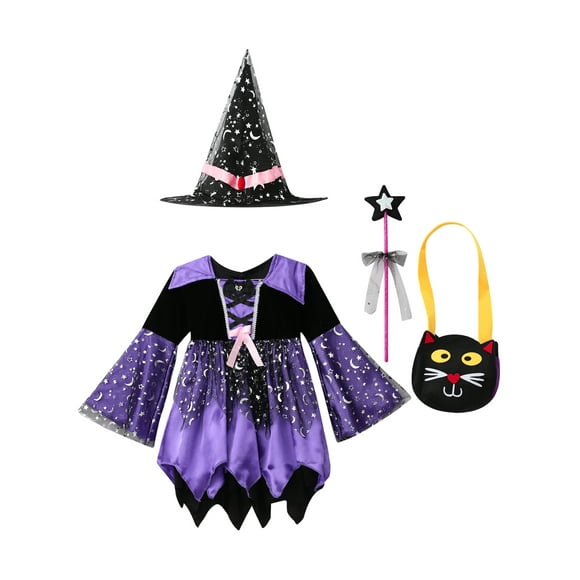 TiaoBug Kids Girls Halloween Witch Costume Long Sleeve Party Dress Wizard Cosplay Outfit Purple 2-3