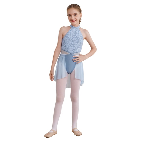 TiaoBug Kids Girls Halter Lace Floral Ballet Leotard Dance Dress Sleeveless Lyrical Dress Light Blue 10