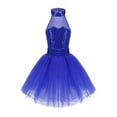 thumbnail image 1 of TiaoBug Kids Girls Halter Leotard Ballet Dance Shiny Sequined Mesh Splice Tutu Dress Performance Costume, 1 of 7