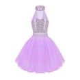 thumbnail image 1 of TiaoBug Kids Girls Halter Leotard Ballet Dance Shiny Sequined Mesh Splice Tutu Dress Performance Costume, 1 of 7