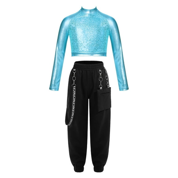 TiaoBug Kids Girls Hip Hop Jazz Dance Outfits Sequin Long Sleeve Crop Top with Cargo Pants Modern Performance Costume Blue 12