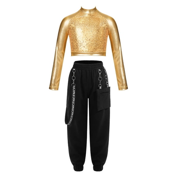 TiaoBug Kids Girls Hip Hop Jazz Dance Outfits Sequin Long Sleeve Crop Top with Cargo Pants Modern Performance Costume Gold 8