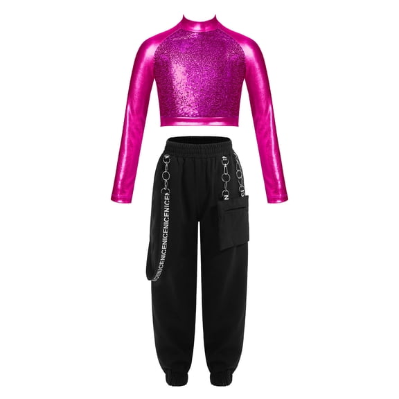 TiaoBug Kids Girls Hip Hop Jazz Dance Outfits Sequin Long Sleeve Crop Top with Cargo Pants Modern Performance Costume Hot Pink 12