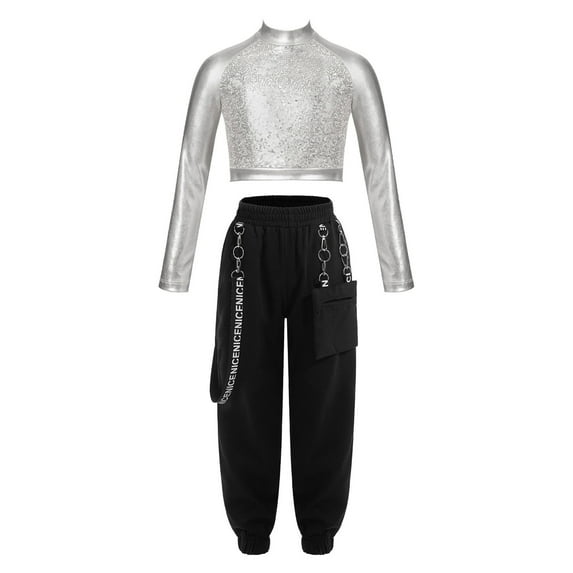 TiaoBug Kids Girls Hip Hop Jazz Dance Outfits Sequin Long Sleeve Crop Top with Cargo Pants Modern Performance Costume Silver 16