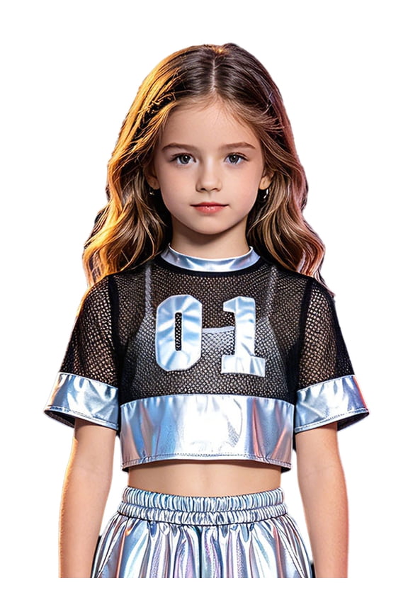 Kids Girls Hip Hop Jazz Dance Shirts Metallic Fishnet Crop Top Patchwork Tee for Stage Performance Silver 4