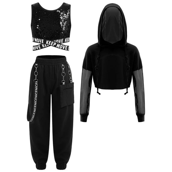 TiaoBug Kids Girls Hip Hop Jazz Street Dance Outfits Sequins Vest & Long Sleeve Crop Top & Cargo Pants Set Black 6