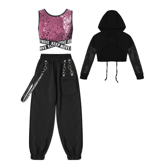 TiaoBug Kids Girls Hip Hop Jazz Street Dance Outfits Sequins Vest & Long Sleeve Crop Top & Cargo Pants Set Pink 6