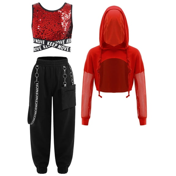 TiaoBug Kids Girls Hip Hop Jazz Street Dance Outfits Sequins Vest & Long Sleeve Crop Top & Cargo Pants Set Red 8