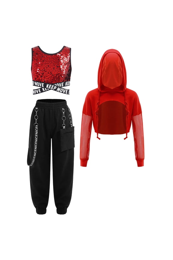Kids Girls Hip Hop Jazz Street Dance Outfits Sequins Vest & Long Sleeve Crop Top & Cargo Pants Set Red 8