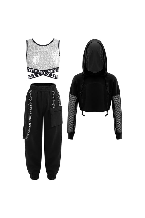 Kids Girls Hip Hop Jazz Street Dance Outfits Sequins Vest & Long Sleeve Crop Top & Cargo Pants Set Silver&Black 6